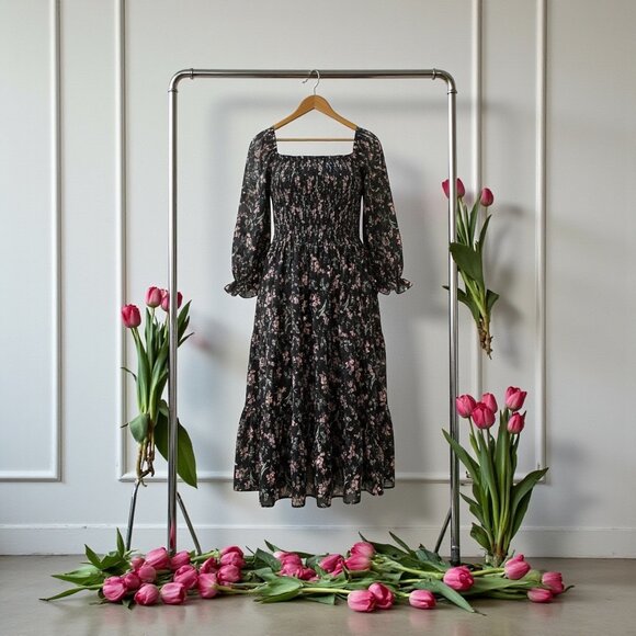 Baltic Born Navy Long Sleeve Midi Dress with Small Pink Floral Print - Picture 1 of 4